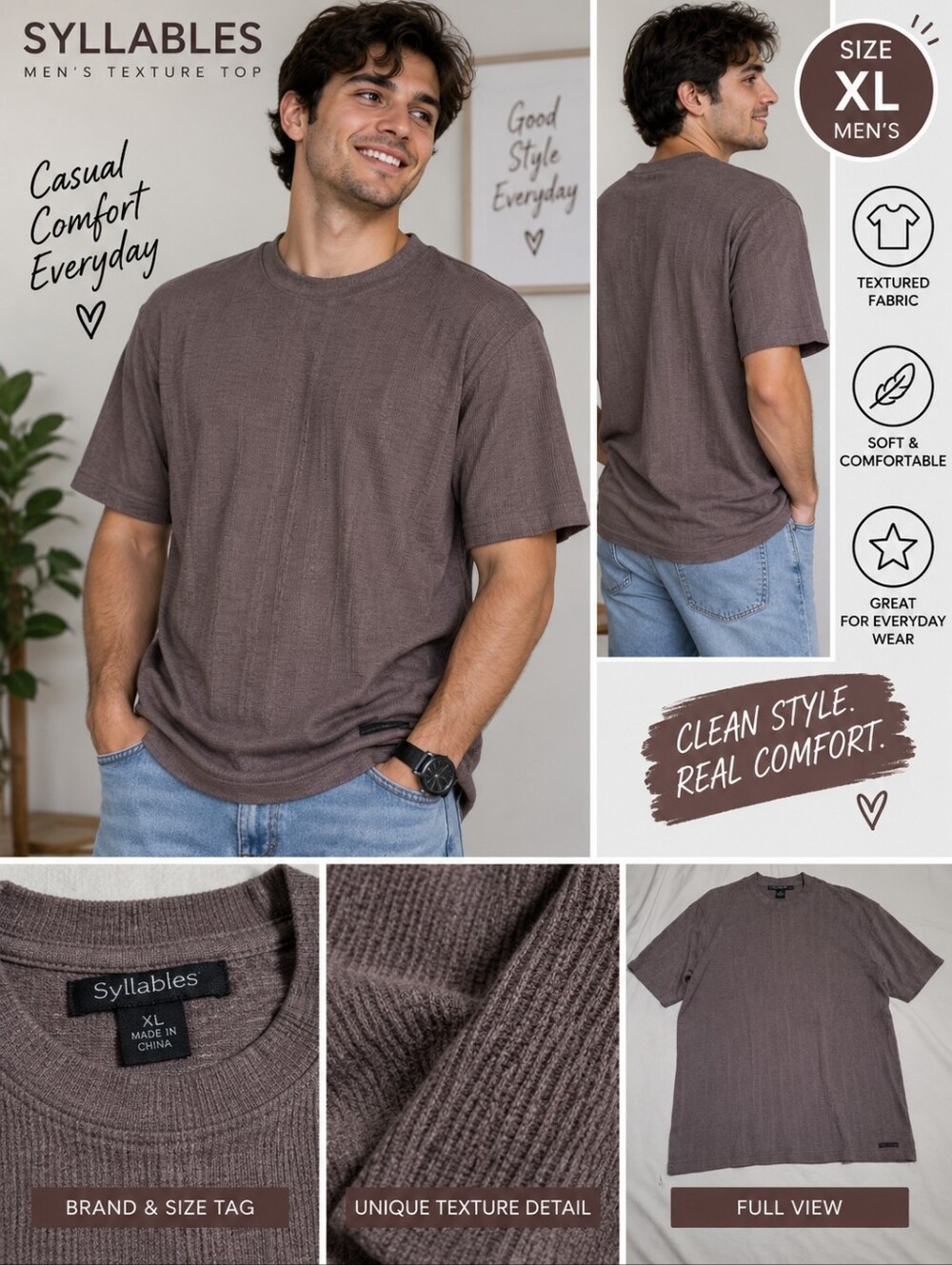 Syllables mens XL brown texture top #18